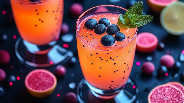 Photo refreshing fruit cocktail with blueberries and mint on a dark surface with citrus accents