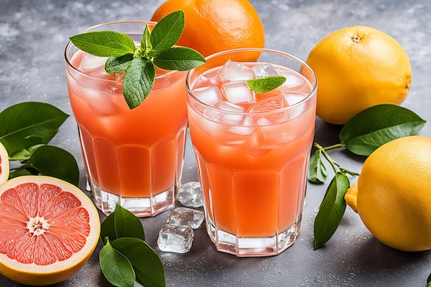 Refreshing fruit juice with ice in a glass