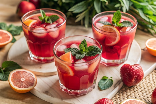 Refreshing Fruit Punch With Mint and Ice Cubes on Wooden Background