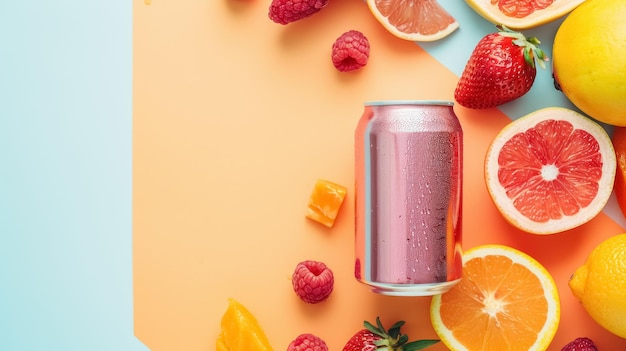 Refreshing Fruit Soda Concept with Citrus and Berries on a Colorful Background