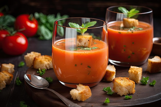 Refreshing gazpacho served chilled and topped with fresh herbs and croutons