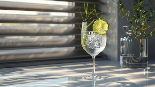 Photo refreshing gin and tonic with lime and ice on a sunny day