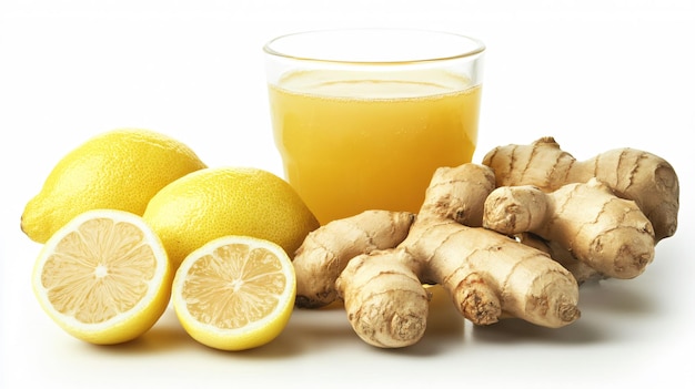 Refreshing Ginger Drink with Lemon on White Background