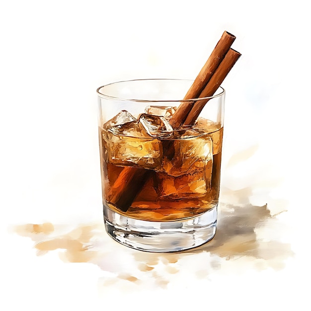 A refreshing glass of brown liquid with ice and cinnamon sticks