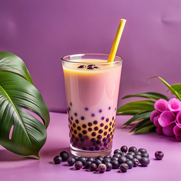 Refreshing Glass of Bubble Tea With Purple Boba and Straw