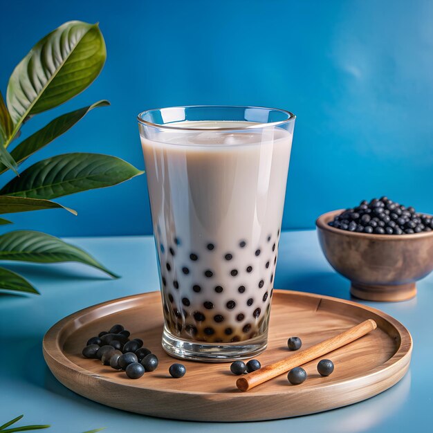 Photo refreshing glass of bubble tea with tapioca pearls on wooden tray