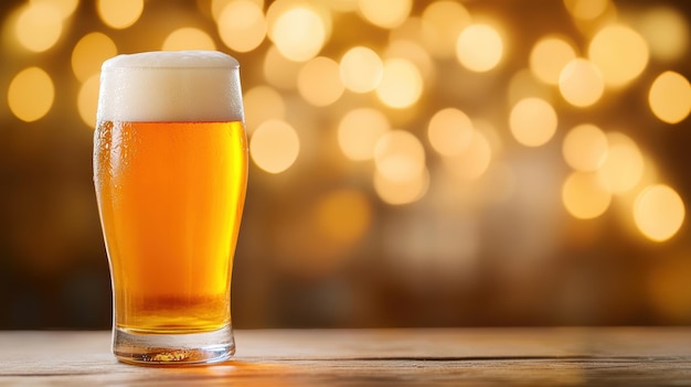 Refreshing glass of cold beer with bokeh background in cozy ambient light