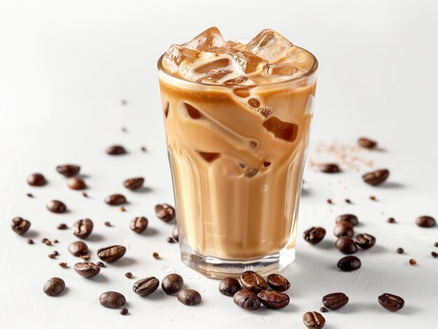 A refreshing glass of iced coffee with ice cubes and coffee beans perfect for a hot summer day