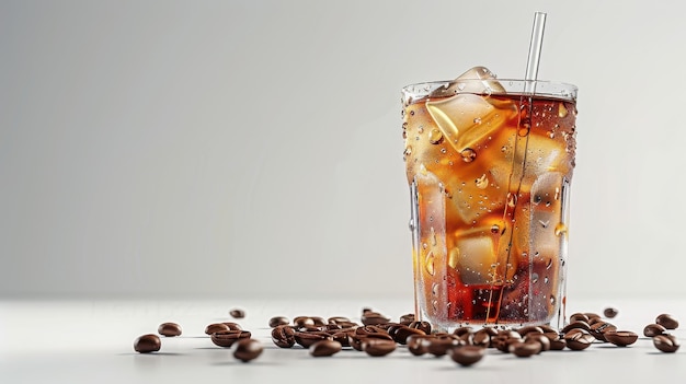 Refreshing Glass of Iced Coffee with Straw and Scattered Coffee Beans on White Background