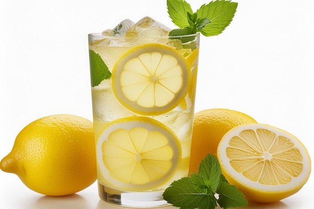 A refreshing glass of iced lemonade with lemon slices and mint leaves