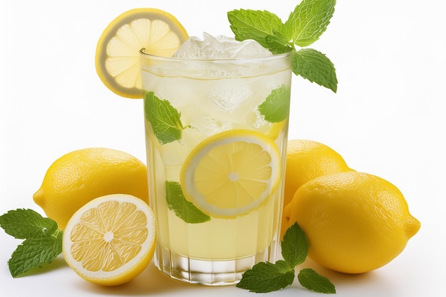 A refreshing glass of iced lemonade with lemon slices and mint leaves