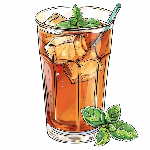 Photo a refreshing glass of iced tea with mint and a straw illustrated in a cartoon style