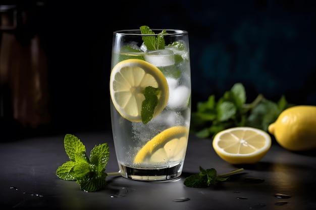 A refreshing glass of lemonade garnished with slices of fresh lemons and sprigs of mint Generative Ai