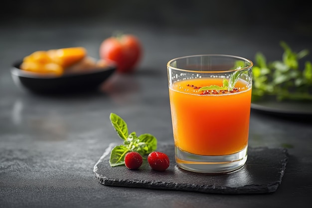 A refreshing glass of orange juice garnished with herbs surrounded by fresh ingredients