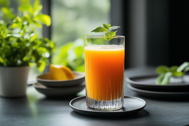 A refreshing glass of orange juice garnished with mint leaves set against a green backdrop