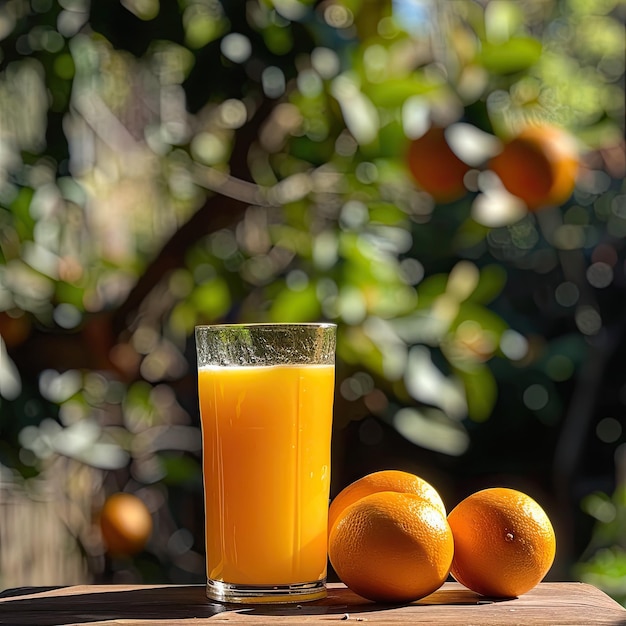 Refreshing glass of orange juice with fresh oranges on a sunny morning