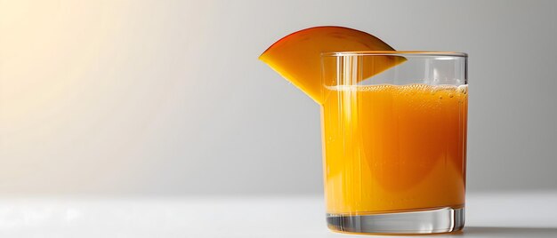 Photo refreshing glass of orange juice with a slice of fruit in sunlight