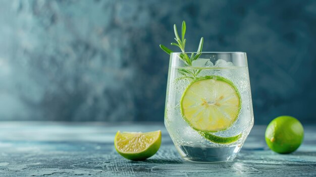 Refreshing glass of sparkling water with lime and rosemary icecold summer beverage