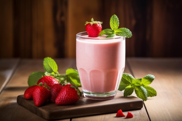 Photo a refreshing glass of strawberry lassi garnished with fresh mint leaves