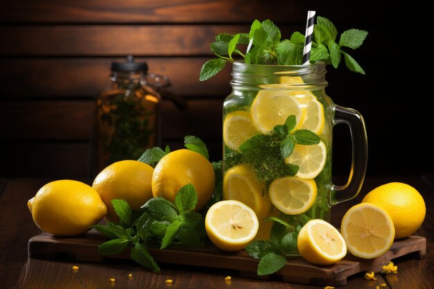 Refreshing glass of water with lemon and ice served in tall glass with straw like mojito