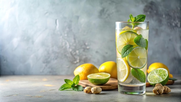 Refreshing glass of water with lime lemon ginger and mint garnish