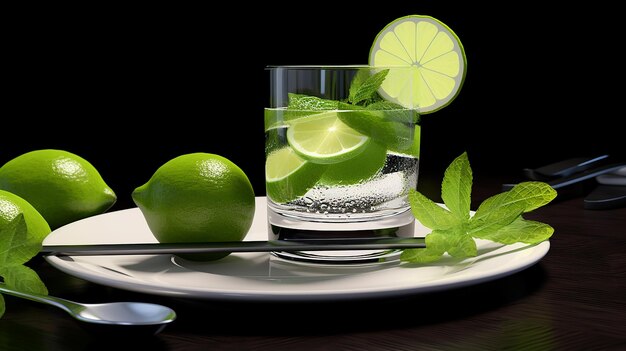 Refreshing Glass of Water with Limes and Mint Leaves on a Table