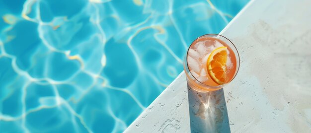 Photo a refreshing glass with orange slices and ice sits on the edge of a sunlit pool casting a crisp inviting shadow on the white concrete ledge