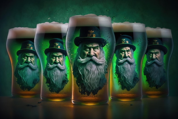 Refreshing glasses of green beer with leprechauns on it