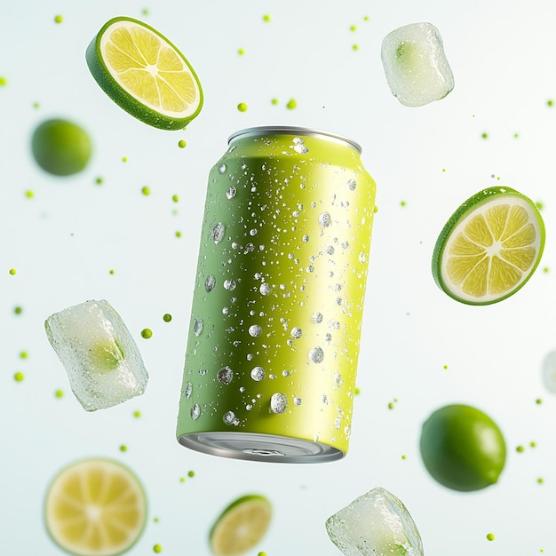 Photo refreshing green can with lime slices and ice