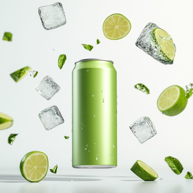 Refreshing Green Can with Lime Slices and Ice