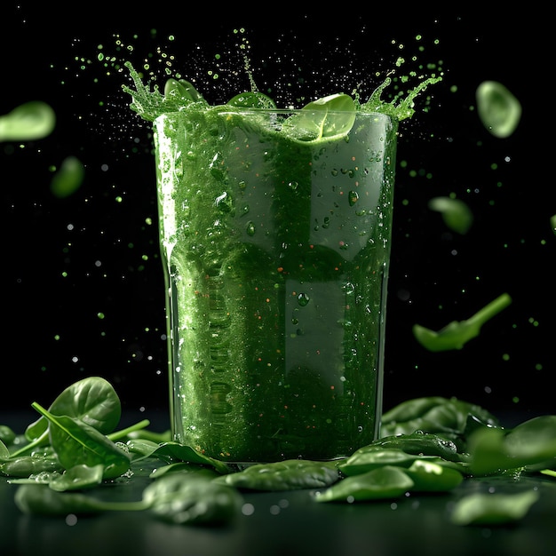 Refreshing green smoothie with splash surrounded by fresh spinach leaves healthy lifestyle beverage concept AI