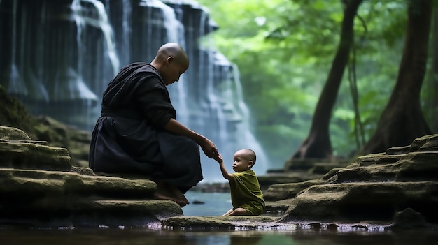 Refreshing Harmony Little Monk and Child Taking a Bath at Waterfall