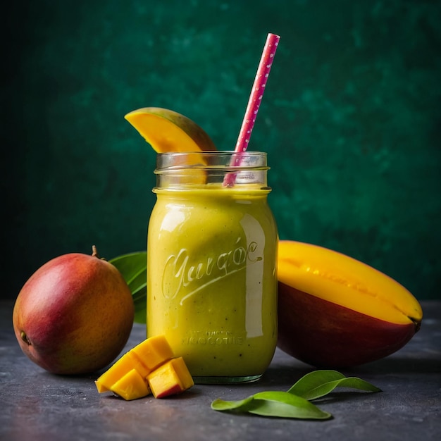 Refreshing and healthy mango smoothie in a glass with fresh fruit over stone background with copy sp