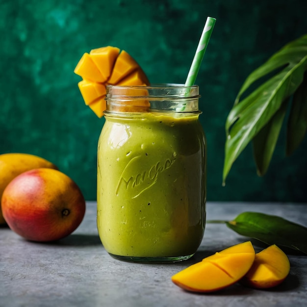 Refreshing and healthy mango smoothie in a glass with fresh fruit over stone background with copy sp