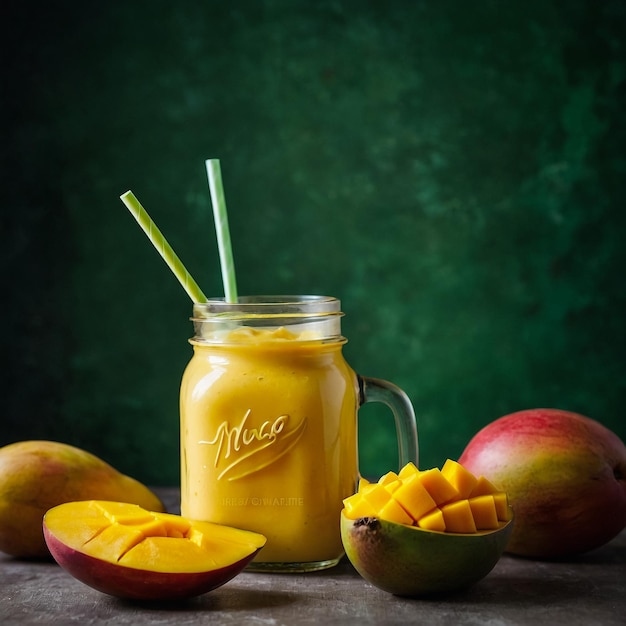 Refreshing and healthy mango smoothie in a glass with fresh fruit over stone background with copy space