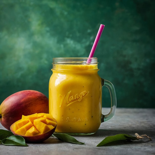 Refreshing and healthy mango smoothie in a glass with fresh fruit over stone background