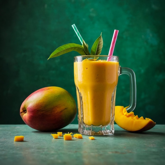 Refreshing and healthy mango smoothie in a glass with fresh fruit over stone background