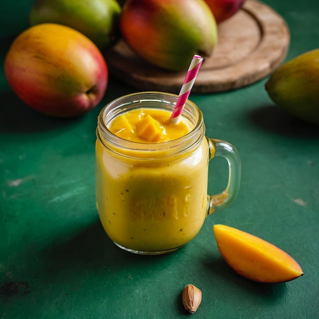 Refreshing and healthy mango smoothie in a glass with fresh fruit over stone background