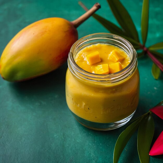 Refreshing and healthy mango smoothie in a glass with fresh fruit over stone background