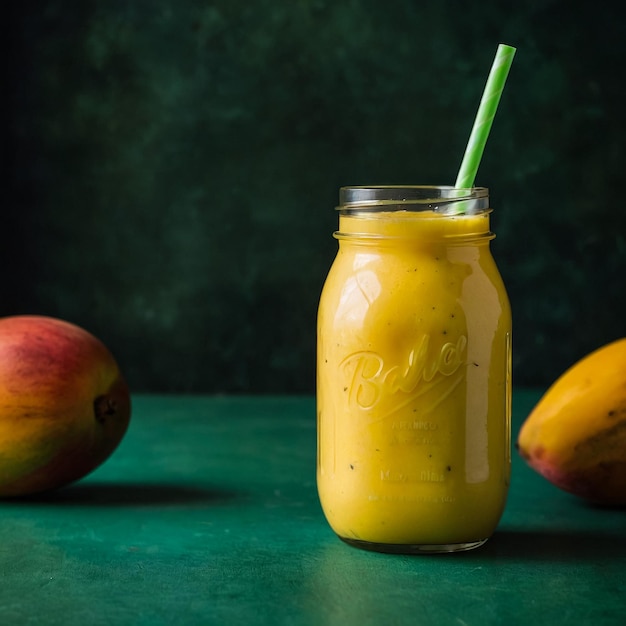 Refreshing and healthy mango smoothie in a glass with fresh fruit over stone background