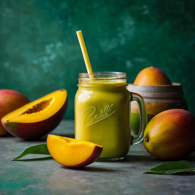 Refreshing and healthy mango smoothie in a glass with fresh fruit over stone background