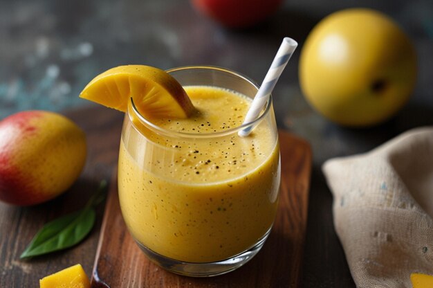 Refreshing and healthy mango smoothie in a glass with mango