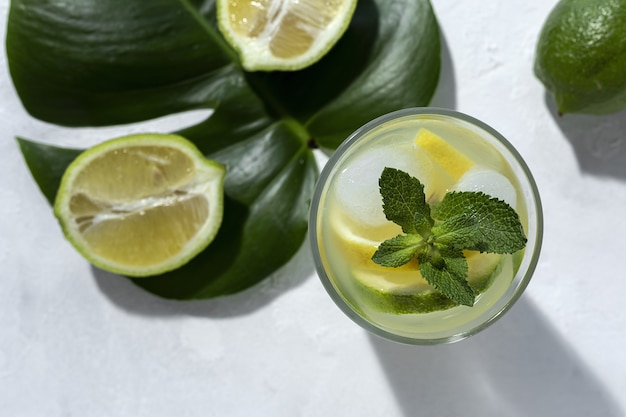 Refreshing homemade glass lemonade with ice and mint in sunlight