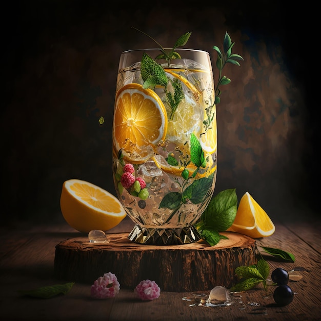 Refreshing homemade lemonade made of lemon slices sparkling water served in glass Generative AI