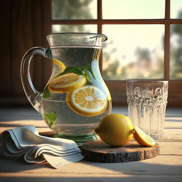 Refreshing homemade lemonade made of lemon slices sparkling water served in glass Generative AI