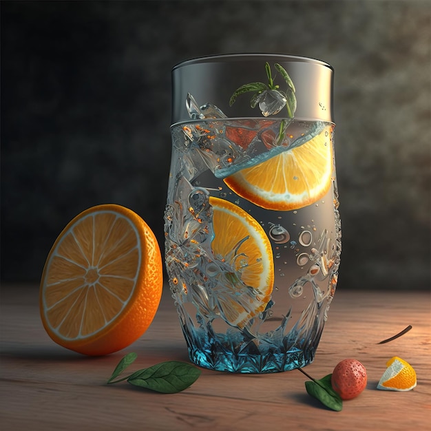 Refreshing homemade lemonade made of lemon slices sparkling water served in glass Generative AI