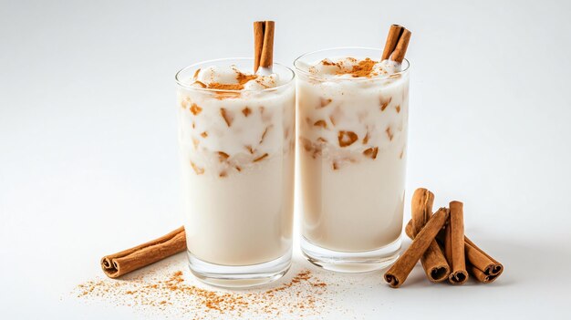 Photo refreshing horchata with cinnamon stick on white background