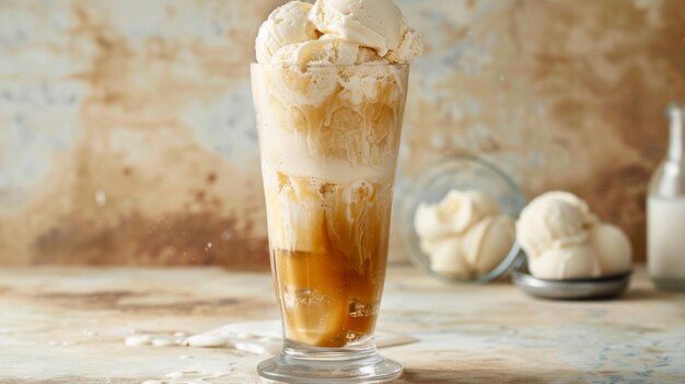 A refreshing ice cream float with fizzy soda and a scoop of creamy vanilla ice cream perfect for a hot summer day