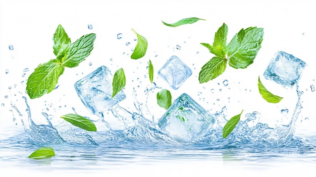 Photo refreshing ice cubes and mint leaves falling into water splash