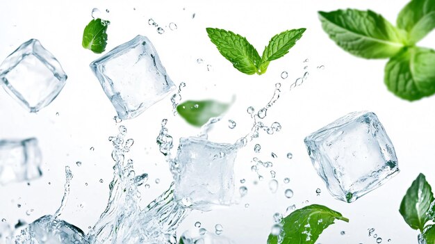 Refreshing ice cubes and mint leaves falling into water splash